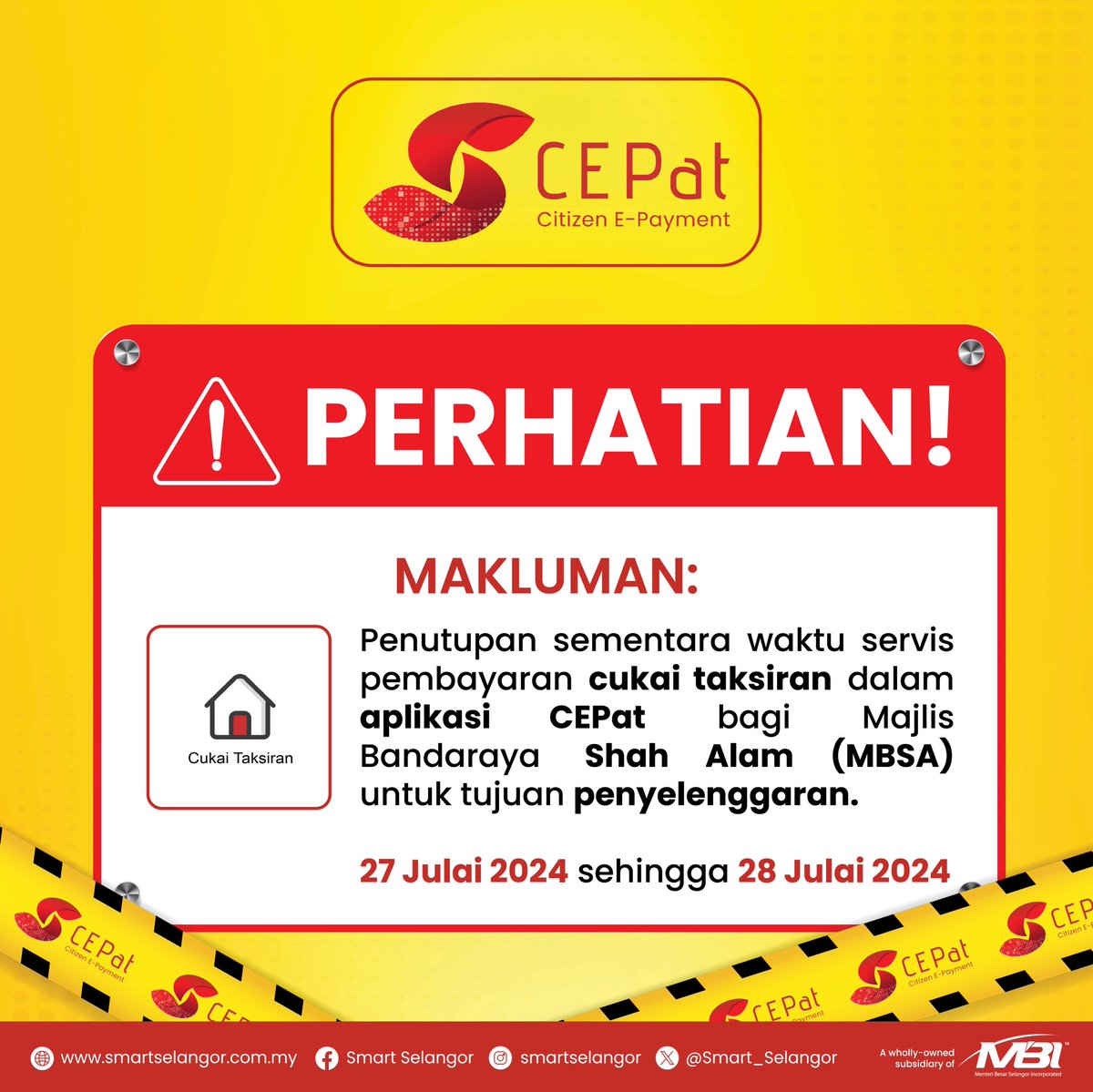 Smart_Selangor's tweet image. PERHATIAN 🔊
 
Penutupan sementara waktu servis pembayaran cukai taksiran dalam aplikasi CEPat bagi Majlis Bandaraya Shah Alam (MBSA) untuk tujuan penyelenggaran.

Maaf atas kesulitan yang dihadapi.
 
#CEPat #SmartSelangor #SSDU