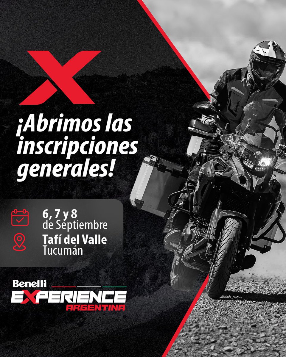 ¡ABRIMOS LA INSCRIPCIONES PARA BENELLI EXPERIENCE TUCUMÁN 2024!

Ya podés inscribirte para vivir días inolvidables junto a toda la comunidad Benellista, rodadas, test rides, novedades y muchas sorpresas.

📢 bit.ly/FormBNExpTucum…