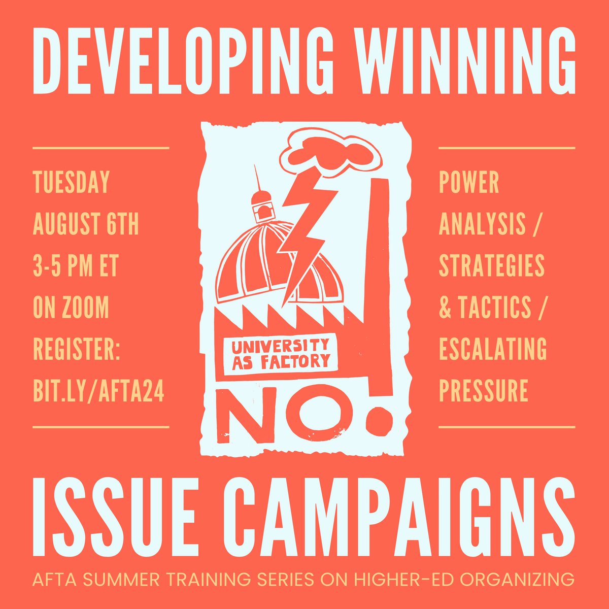 The final training in our summer series on higher-ed union organizing is coming up! We'll cover choosing a winning issue, power analysis, strategies and tactics, and how to turn up the pressure on admin. Tuesday, August 6th, 3pm ET. Register now! docs.google.com/forms/d/e/1FAI…