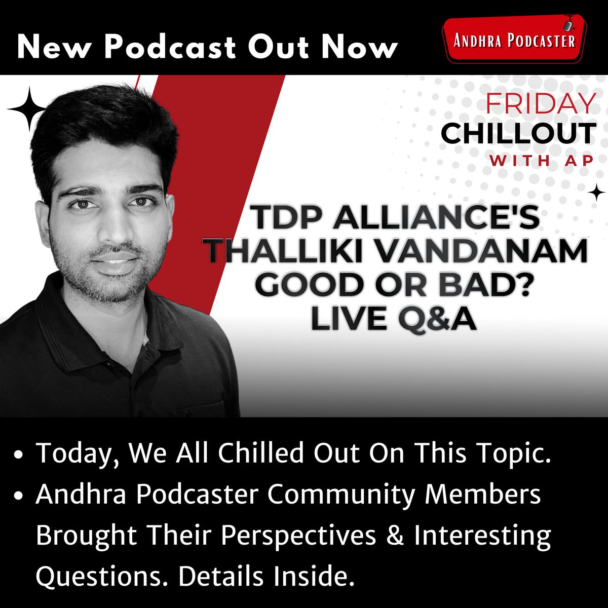 AndhraPodcaster's tweet image. TDP's Thalliki Vandanam -Good Or Bad? | Friday Chillout With Andhra Podcaster #Ep03 #FCwithAP
Link to the podcast: youtube.com/live/lshWB4EYJ…
Today, We All Chilled Out On This Topic. Andhra Podcaster Community Members Brought Their Perspectives &amp;amp; Interesting Questions. Details