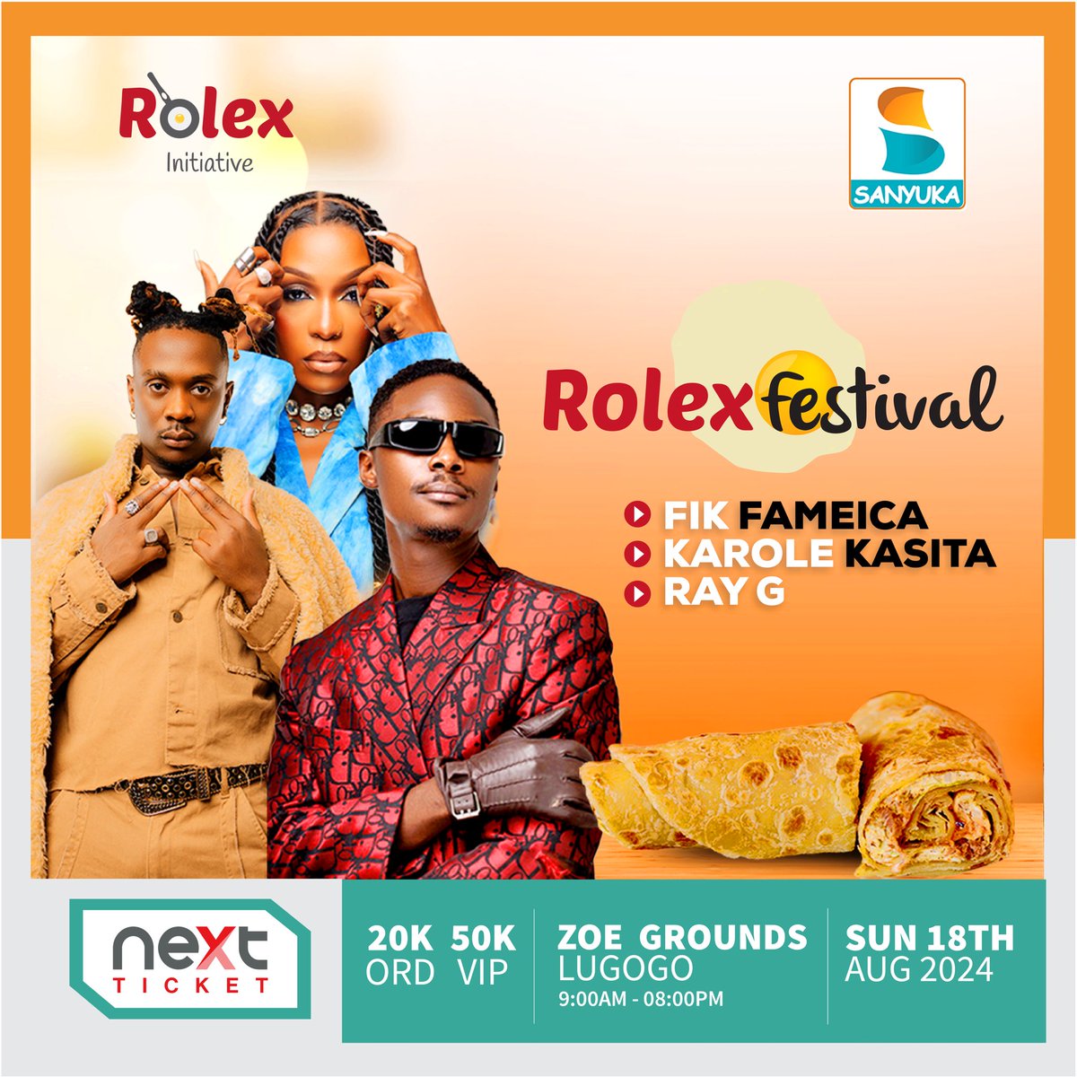 RolexFestival's tweet photo. The biggest food festival #RolexFestival is back this August on the 18th at Zoe Grounds Lugogo. Gates open at 9:00AM - 8PM
Tax is 20K &amp; 50K via Next Ticket App.
#RolexFestival24 https://t.co/bL7uDokcHJ