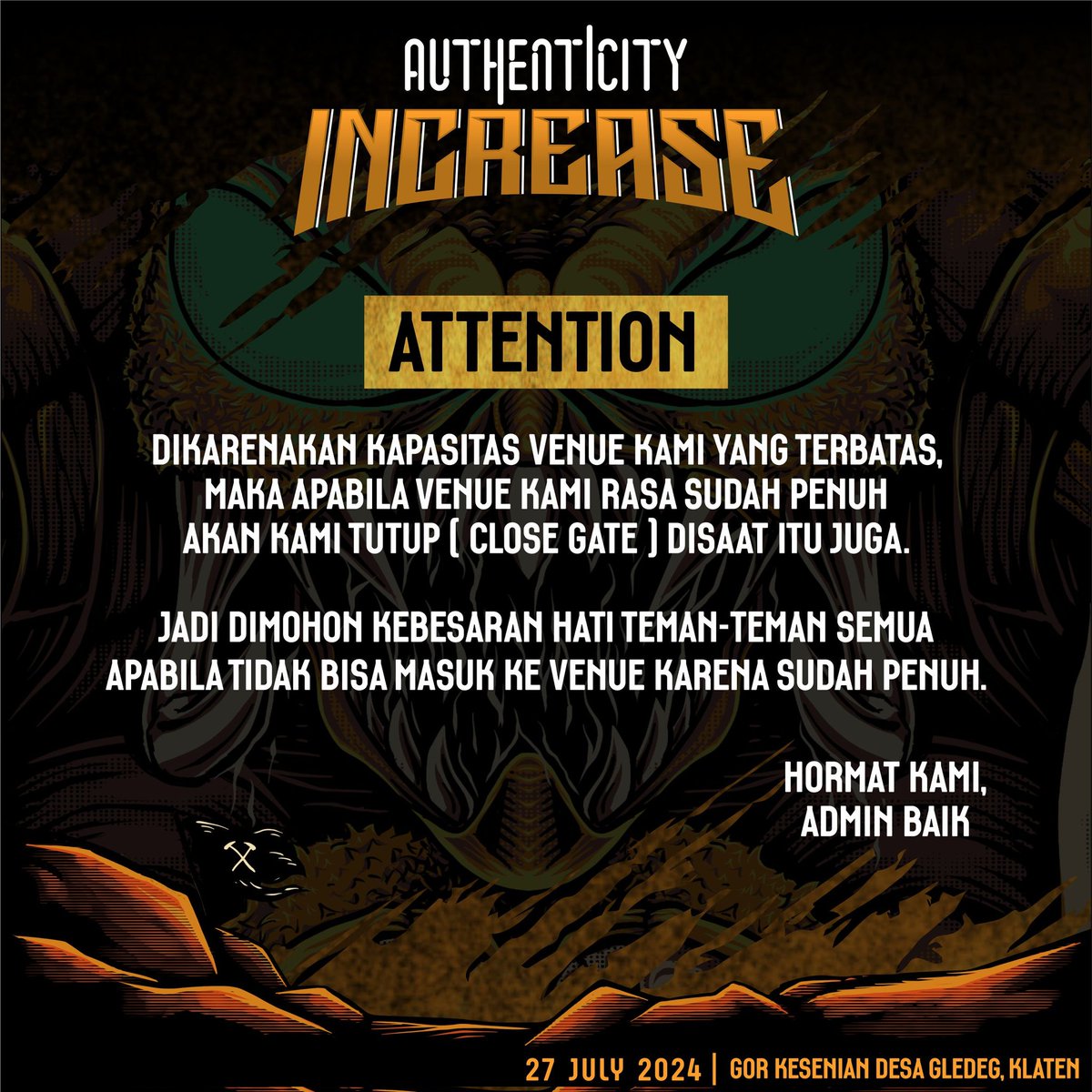 CBxPSS1976's tweet image. 🚨 ATTENTION 🚨

SIMAK BAIK BAIK MOHON PENGERTIANNYA KARENA KETERBATASAN VENUE DEMI KENYAMANAN DAN KEBERLANGSUNGAN ACARA KAMI, TERIMAKASIH ‼️ 🔥

Klaten, 27 July 2024 
#Increase2024