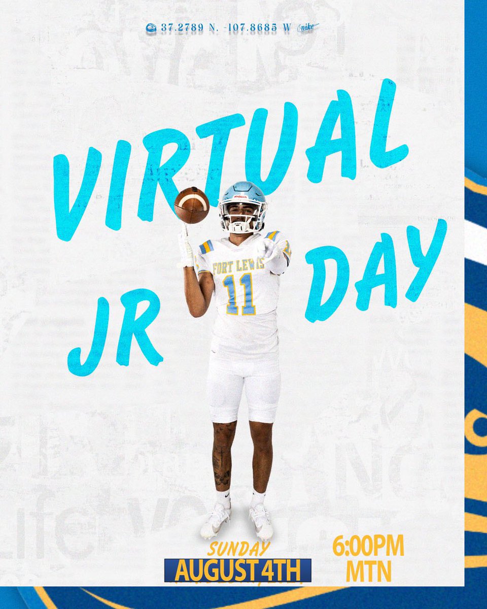 Fort Lewis College Football invites you to join us for our Virtual Junior Day on August 4th.
Please sign up using the attached link!

forms.gle/TA28EYfZP6guPD…