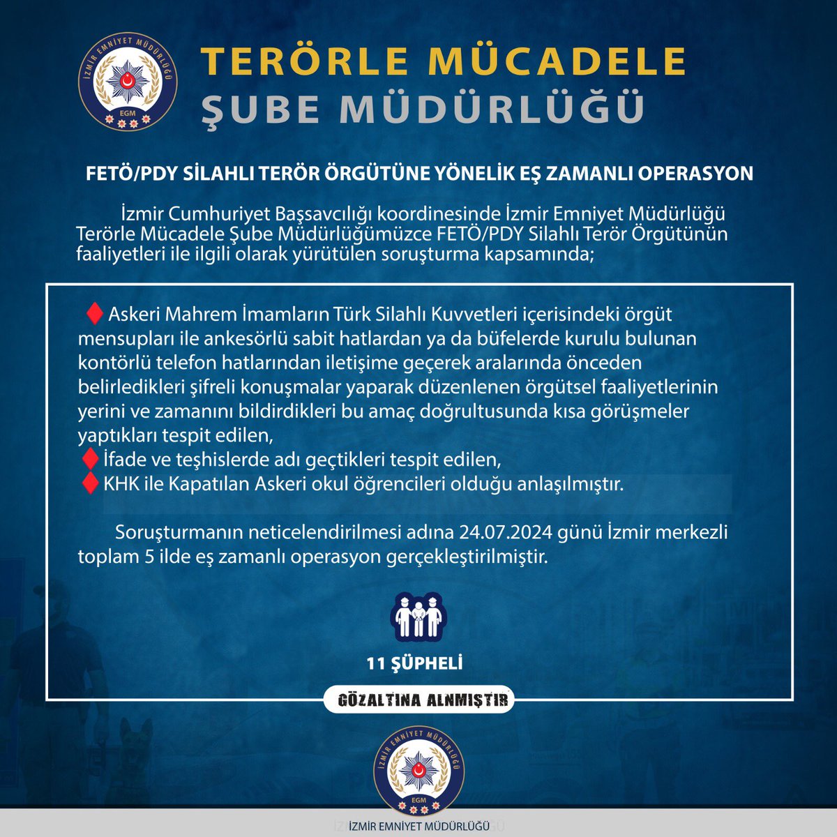 EmniyetIzmir's tweet photo. ⚖️İzmir Cumhuriyet Başsavcılığı koordinesinde; 🚔Terörle Mücadele Şube Müdürlüğümüzce 
➡️FETÖ/PDY Silahlı Terör Örgütünün faaliyetleri ile ilgili olarak yürütülen soruşturma kapsamında 1️⃣1️⃣ ŞÜPHELİ yakalanarak GÖZALTINA  alınmıştır. 
Kamuoyuna saygıyla duyurulur https://t.co/flDSHWYY6R