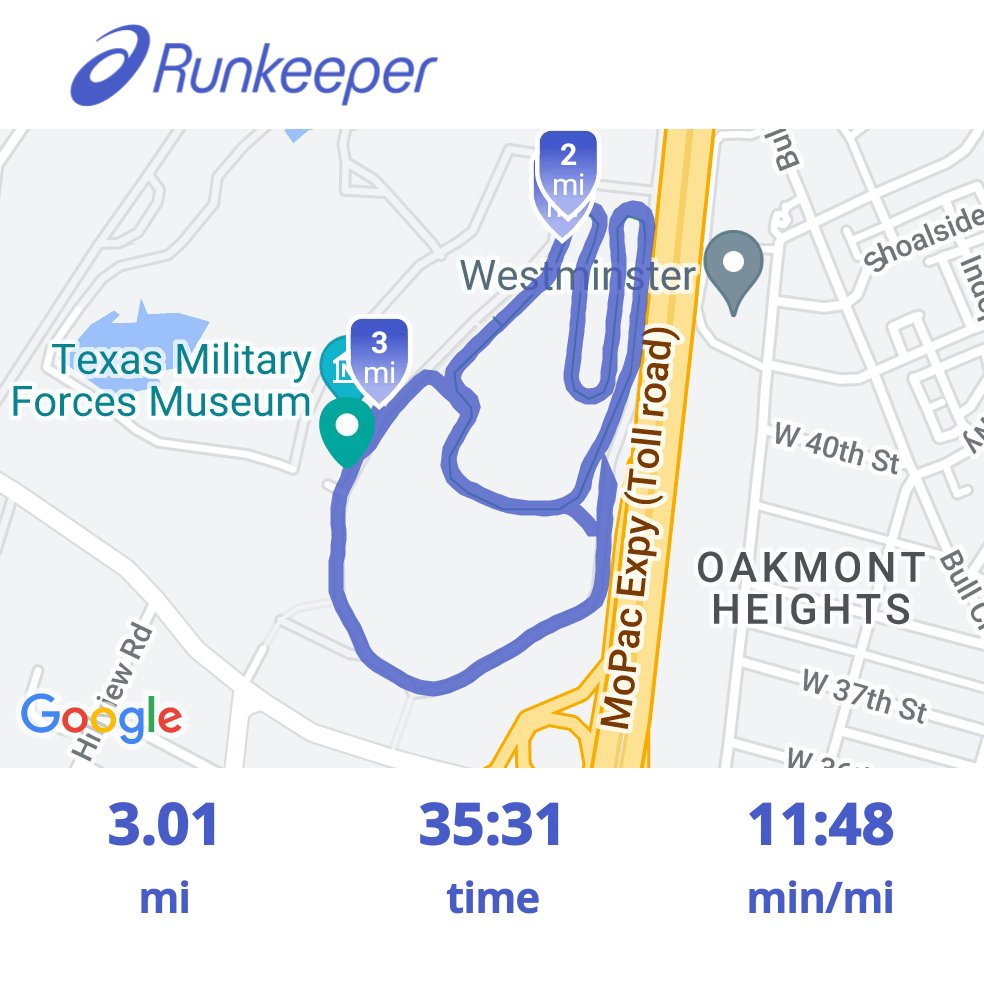 My trail run training continues. Got an early run in at Camp Mabry's track.