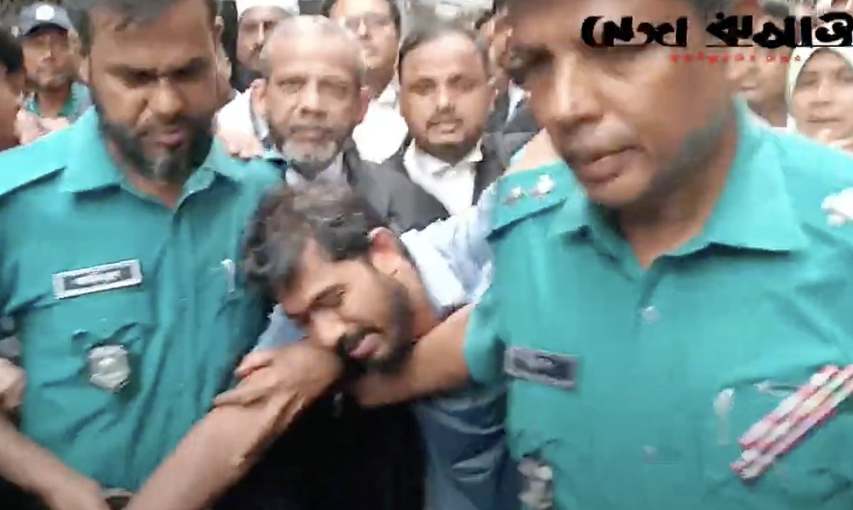 TheDavidBergman's tweet image. This is painful to watch. In the video is Nurul Haque Nur, the leader of a small political party in Bangladesh, the Gono Odhikar Parishad [People's Rights Forum]. He was involved in the 2018 student quota protests but not these recent ones. Here he is being brought to court after…