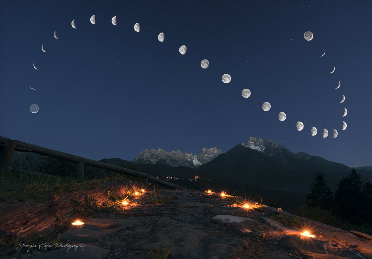 JamesLucasIT's tweet photo. 19. Over the course of 28 days, Italian astrophotographer Giorgia Hofer photographed the Moon from the same location, creating this stunning composite image that showcases the satellite’s phases. https://t.co/6Kt7lLMJ6T
