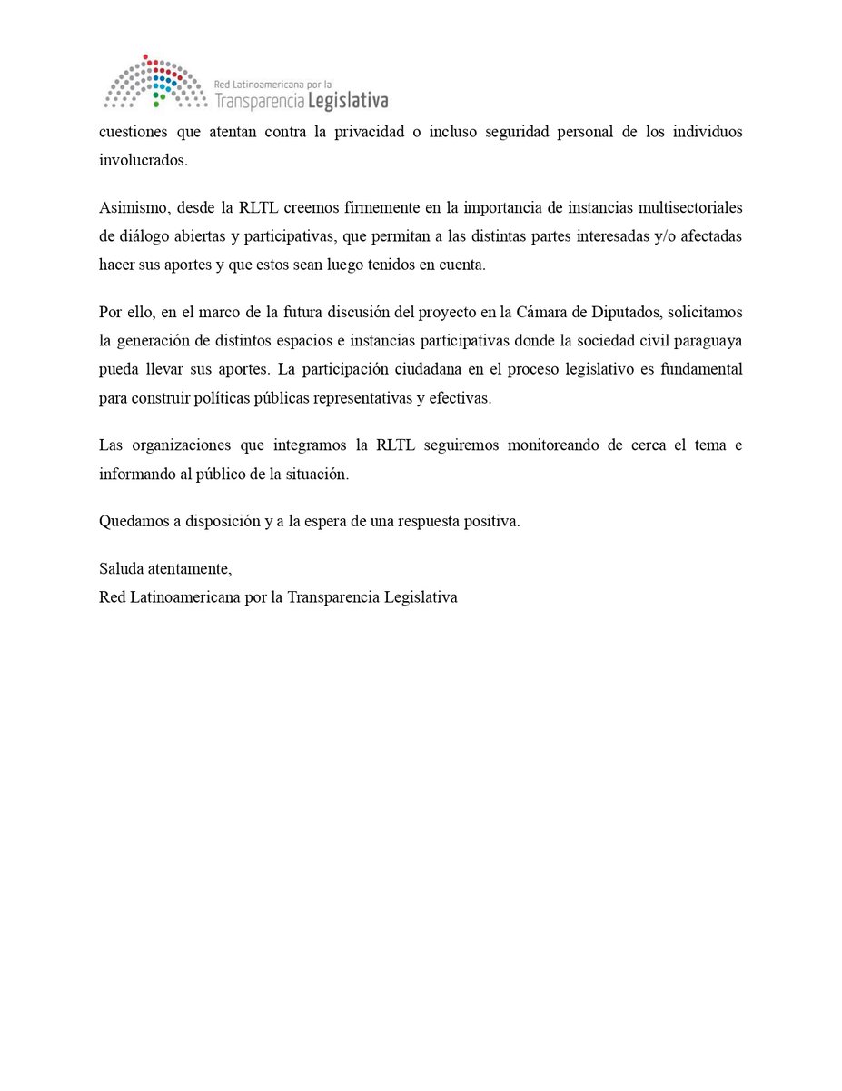 RedLTL's tweet image. #PARAGUAY 🇵🇾
Hoy enviamos una carta al Sr. Presidente de @DiputadosPy en la que expresamos nuestra preocupación ante el avance de un proyecto de ley sobre organizaciones sin fines de lucro [Sigue 👇🏽]