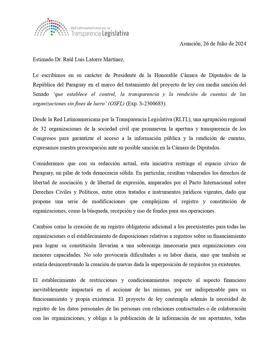 RedLTL's tweet image. #PARAGUAY 🇵🇾
Hoy enviamos una carta al Sr. Presidente de @DiputadosPy en la que expresamos nuestra preocupación ante el avance de un proyecto de ley sobre organizaciones sin fines de lucro [Sigue 👇🏽]