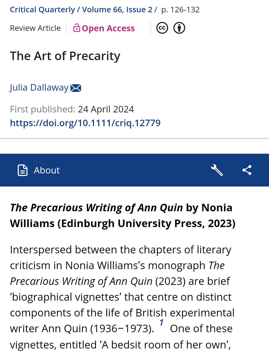 DallawayJulia's tweet photo. So exciting to see my first-ever journal publication in the July 2024 issue of @CritQuarterly! It's a review article on Ann Quin &amp; the politics of using biography within feminist recuperative criticism. *Open access* so anyone can read, if they so desire!

https://t.co/9p4SLpJ1jr https://t.co/RJWOONpuvP