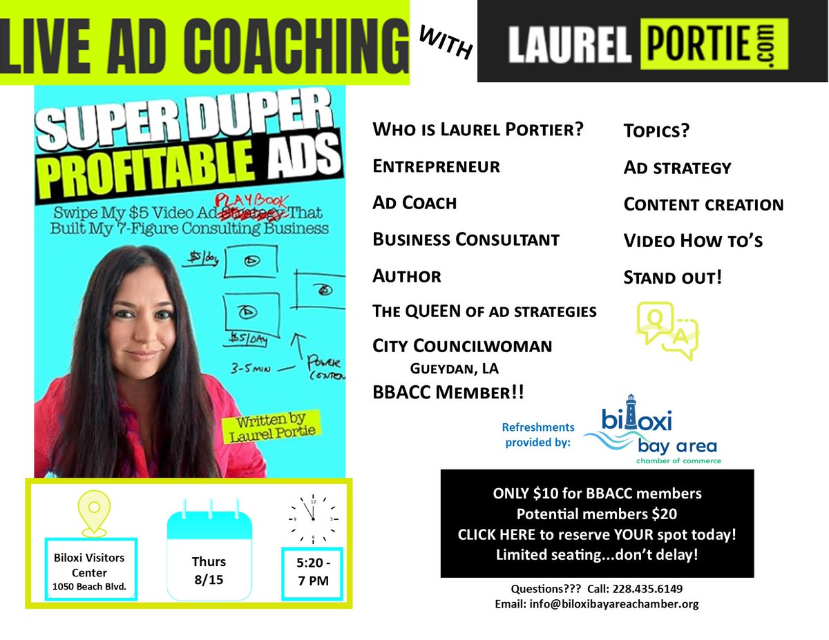 Ad Coaching with Laurel! 
Want to learn how to create super duper profitable ads and maximize profits? Come join us at the Biloxi Visitor's Center on August 15th to learn ad strategies that will do just that. Follow this link to reserve your spot. biloxibayareachamber.org/events/ad-coac…