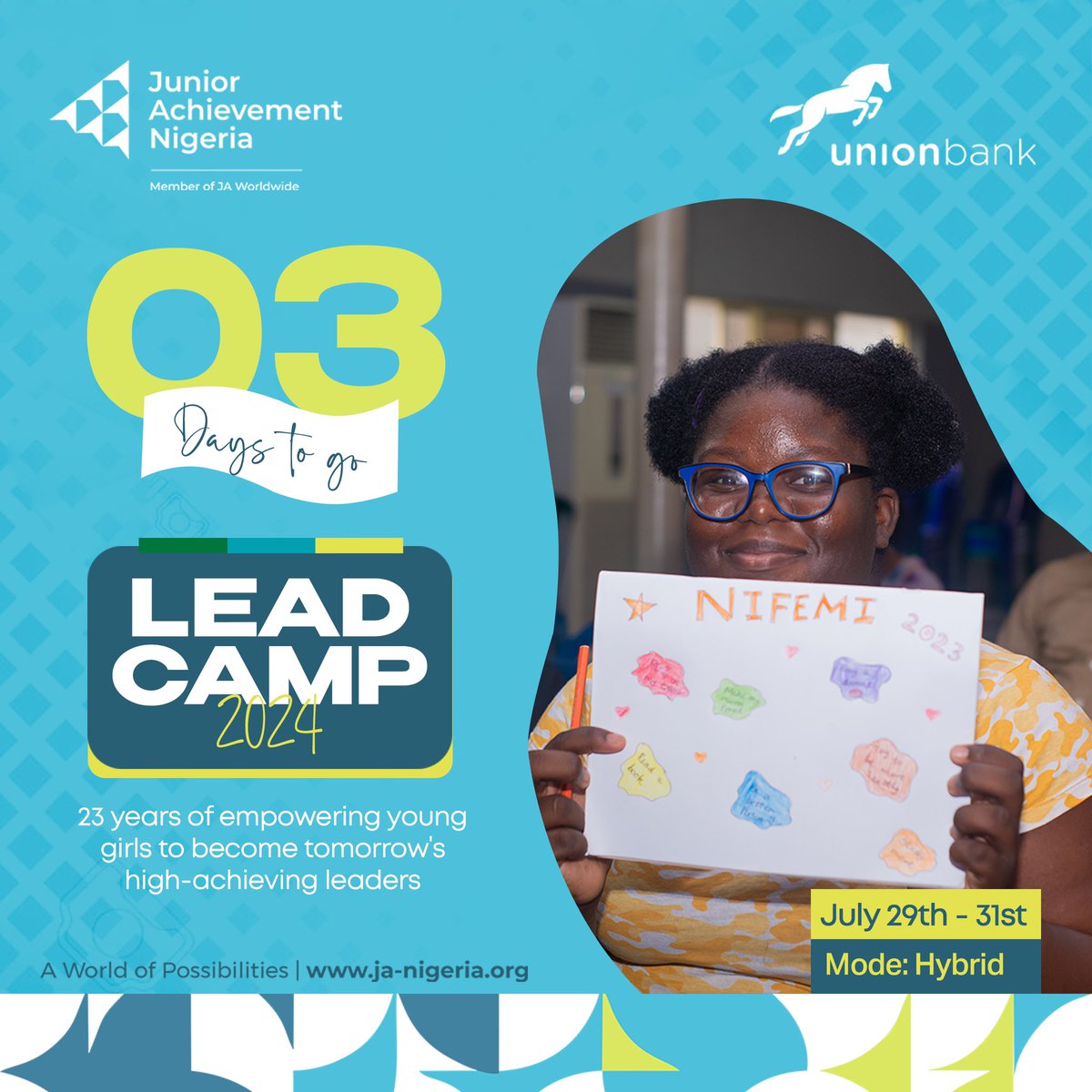 Junior Achievement Nigeria (@janigeria) on Twitter photo 3 days left! LEAD Camp 2024 kicks off on July 29th, empowering young girls, in partnership with <a href="/UNIONBANK_NG/">Union Bank of Nigeria</a>.
With the hybrid experience, featuring mentorship, and hands-on activities, we’re set to groom the next generation of female leaders!
#LEADCamp #JANigeria #UnionBank 3 days left! LEAD Camp 2024 kicks off on July 29th, empowering young girls, in partnership with <a href="/UNIONBANK_NG/">Union Bank of Nigeria</a>.
With the hybrid experience, featuring mentorship, and hands-on activities, we’re set to groom the next generation of female leaders!
#LEADCamp #JANigeria #UnionBank