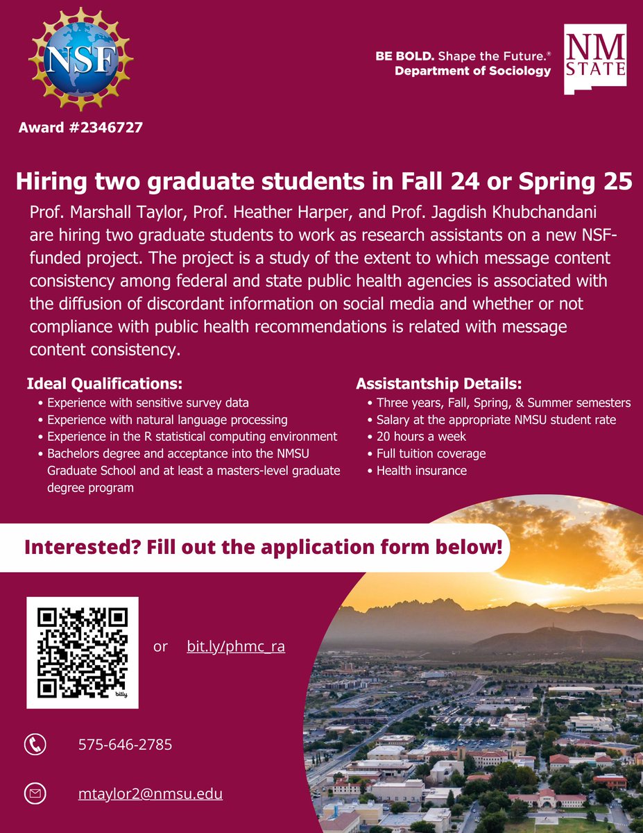 mtaylor_soc's tweet photo. There's a typo here! That should say that we're hiring for Spring 2025---not 2024.

And since I'm uploading a new flyer, I'm also adding that we're hiring for a Fall 2024 *or* a Spring 2025 start date. 

@HeatHarper @TheJagdish https://t.co/ZCr49ijR6s