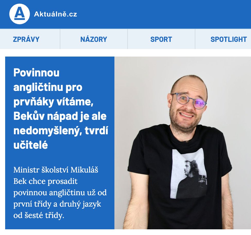 🗣️🇬🇧 Odborníci a Broňa se vyjadřují k povinné angličtině od první třídy :)

👉 zpravy.aktualne.cz/domaci/anglict…

PS: Mám úplně dětinskou (a iracionální) radost, že jsme se panem Havlem dostali na první stránku Aktuálně 😃🤩