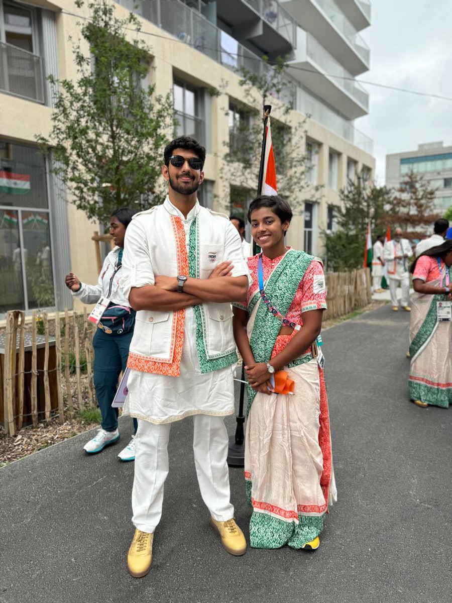 Our swimmers Dhinidhi Desinghu &amp; Srihari Nataraj looking sharp in their ceremonial dress and excited to be part of the India contingent at opening ceremony Paris 2024 Olympic Games. 
<a href="/Media_SAI/">SAI Media</a>