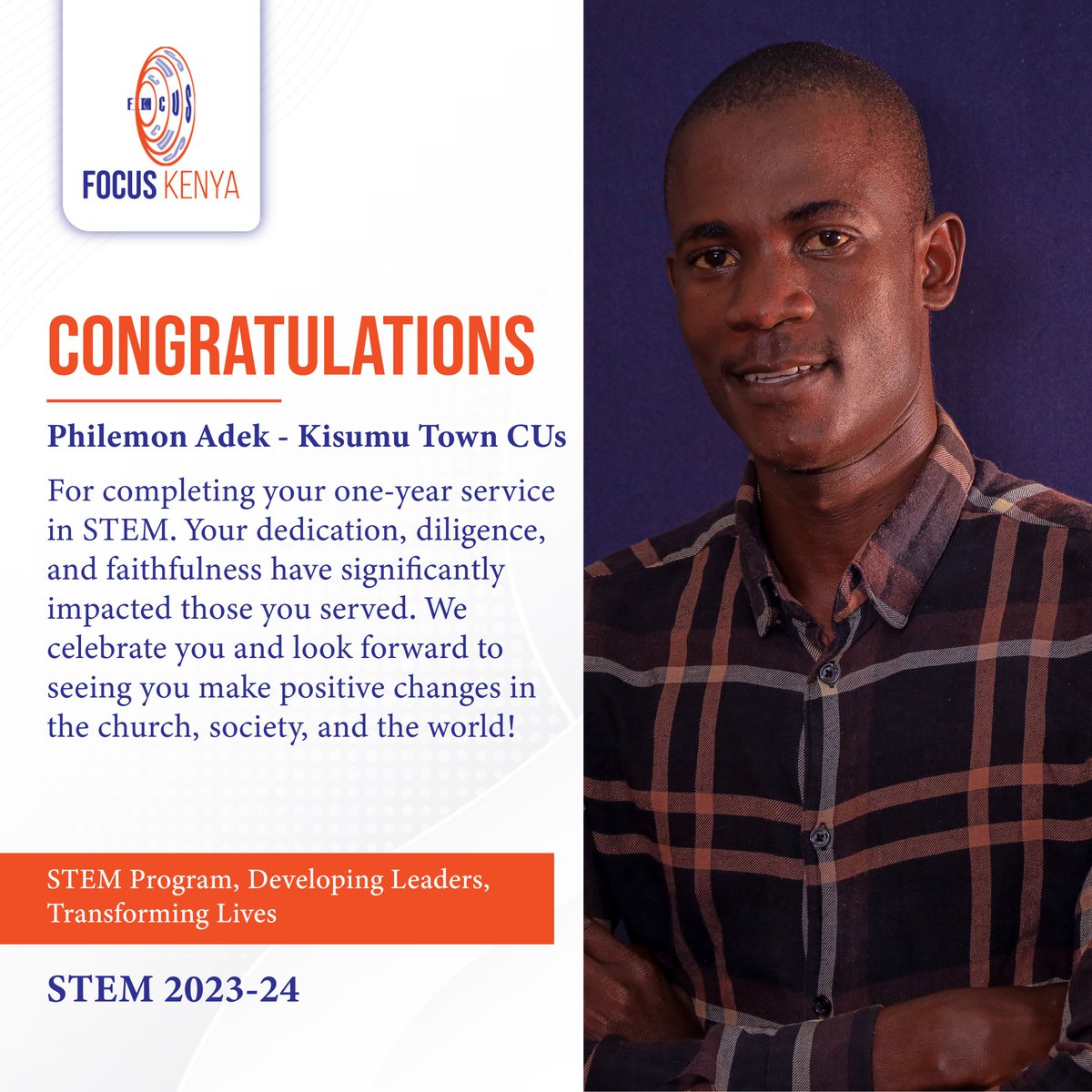 focuskenya's tweet photo. Congratulations Philemon! 🎉
'For me, STEM has been very TRANSFORMATIVE!'
All the best in your next assignment!
STEM 2023-24 Cohort: Developing Leaders, Transforming Lives
For more info go to https://t.co/1N3CdbHy47
#DevelopingLeaders
#STEM24Impact https://t.co/74RYUOBaoj