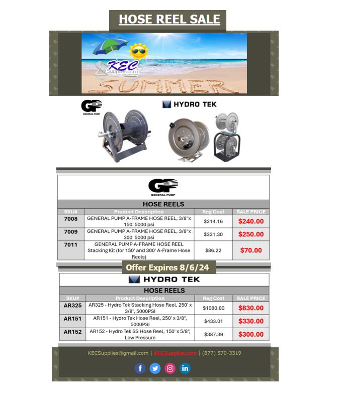 KECSupplies's tweet image. **NOW on SALE @ KECSupplies.com!!

- Popular Hose Reels from General Pump and HydroTek!!!
(GP Stack Kit included in Sale)

Find this SALE by following the link below!
stores.kecsupplies.com/summer-sales-e…

#HoseReels #GeneralPump #HydroTek #StackKit