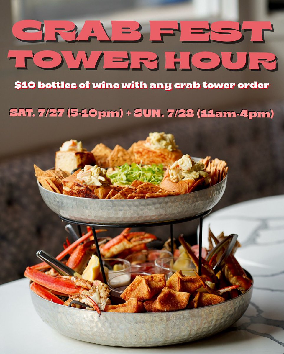 We’re so excited for next Sunday’s all-you-can-eat-and-drink rooftop crab feast, we’re starting the crab festivities early! This weekend, we’re hosting a *bonus* summer Tower Hour, $10 bottles of wine w/any crab fest tower! Join us outdoors or in, the HH is available everywhere!