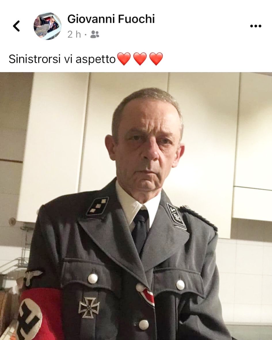 sbonaccini's tweet photo. VERGOGNA! 

Giovanni Fuochi, tenente colonnello dell’Aeronautica militare in pensione, si è mostrato in uniforme da ufficiale delle SS, con svastica sul braccio, facendo riferimento plaudente a Vannacci, che esalta continuamente la X Mas e definisce “statista” Mussolini. 
(1/2) https://t.co/scUkssuih9