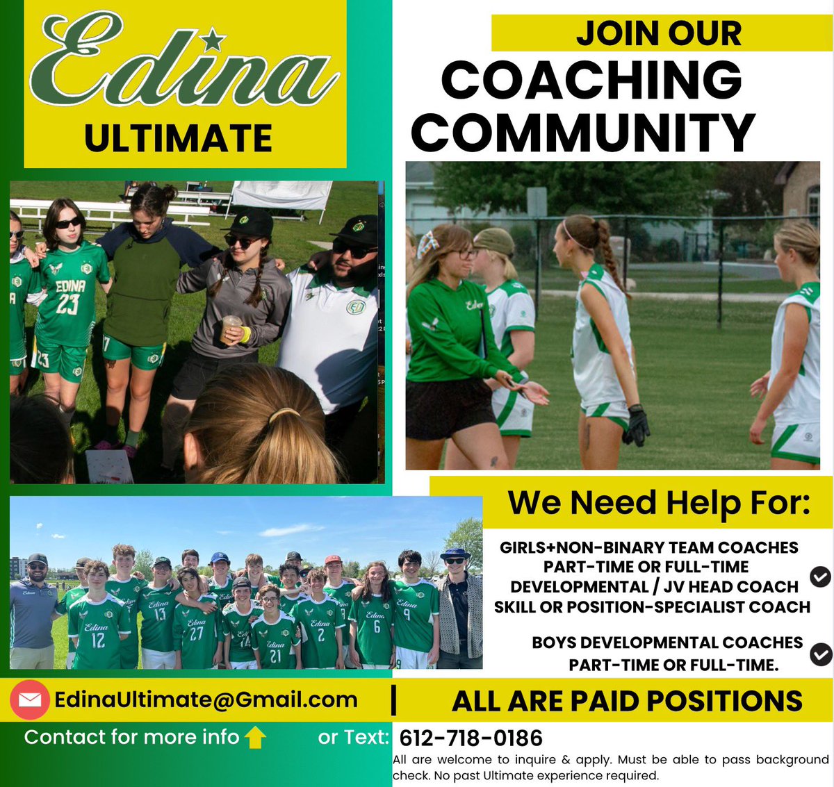 EdinaUltimate's tweet image. PAID COACHING POSITIONS AVAILABLE FOR THIS UPCOMING SCHOOL YEAR &amp;amp; BEYOND! HOPING TO HELP ELEVATE THE NEXT GENERATION OF GREAT COACHES TO THE COMMUNITY! Please spread the word to others in the community about these opportunities to join our program. ALL ARE WELCOME TO APPLY