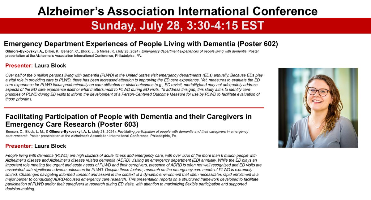 Gilmore-Bykovskyi Research Lab (@gilmorelabuw) on Twitter photo We are grateful for the opportunity to share findings on what matters most to people living with dementia receiving emergency care, at #AAIC2024 #ARCOM-funded-study. Stop by Posters 602 & 603 on Sunday 7/28 at 3:30 pm EST to talk with <a href="/lmblock2/">Laura Block</a> about this important work. We are grateful for the opportunity to share findings on what matters most to people living with dementia receiving emergency care, at #AAIC2024 #ARCOM-funded-study. Stop by Posters 602 & 603 on Sunday 7/28 at 3:30 pm EST to talk with <a href="/lmblock2/">Laura Block</a> about this important work.