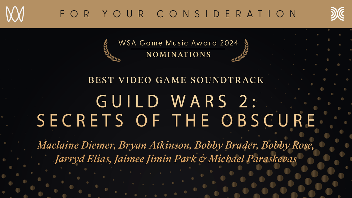 🎉 Exciting News for Guild Wars 2 Fans! 🎉 

We are thrilled to announce that Guild Wars 2 has been nominated for the WSA Game Music Award 2024!

Let's rally together and show our support for the incredible music of <a href="/GuildWars2/">Guild Wars 2</a> !  

Vote Now: worldsoundtrackawards.com/news/vote-for-…