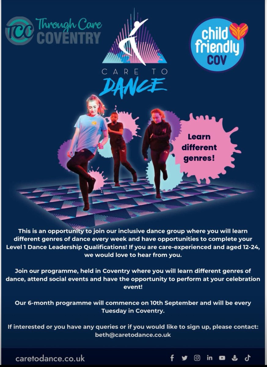 Care to Dance C.I.C. (@caretodance2) on Twitter photo 🚨 Refer young people to our 6-month program with <a href="/coventrycc/">Coventry City Council</a> for care-experienced youth (12-24). Our inclusive dance group fosters connection and creative expression. No experience needed!
Contact beth@caretodance.co.uk. Limited spaces available.
🪩💃🕺🪩 🚨 Refer young people to our 6-month program with <a href="/coventrycc/">Coventry City Council</a> for care-experienced youth (12-24). Our inclusive dance group fosters connection and creative expression. No experience needed!
Contact beth@caretodance.co.uk. Limited spaces available.
🪩💃🕺🪩