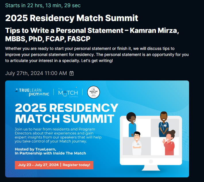 KMirza's tweet photo. Join me (thanks to @Inside_TheMatch and @TrueLearnLLC) for a session on the #personalstatement - tomorrow at 11 AM ET! Bring your questions and join the conversation #SummitPS
#Match2025 cc: @UMichPath @umichmedicine @UMichMedSchool https://t.co/Q3LhLK8sXm