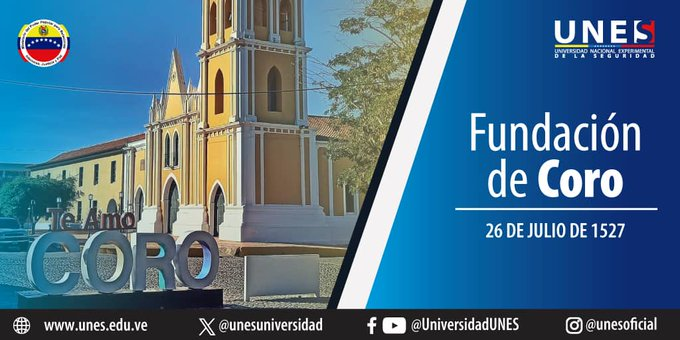 📅 #Efemérides || La ciudad de Santa Ana de Coro, fue fundada por Juan Martín de Ampíes, el 26 de julio de 1527. Llegó a ser la primera capital de la Provincia de Venezuela y sede del primer obispado fundado en América del Sur.   #FormarParaTransformar #TriunfaLaEsperanza