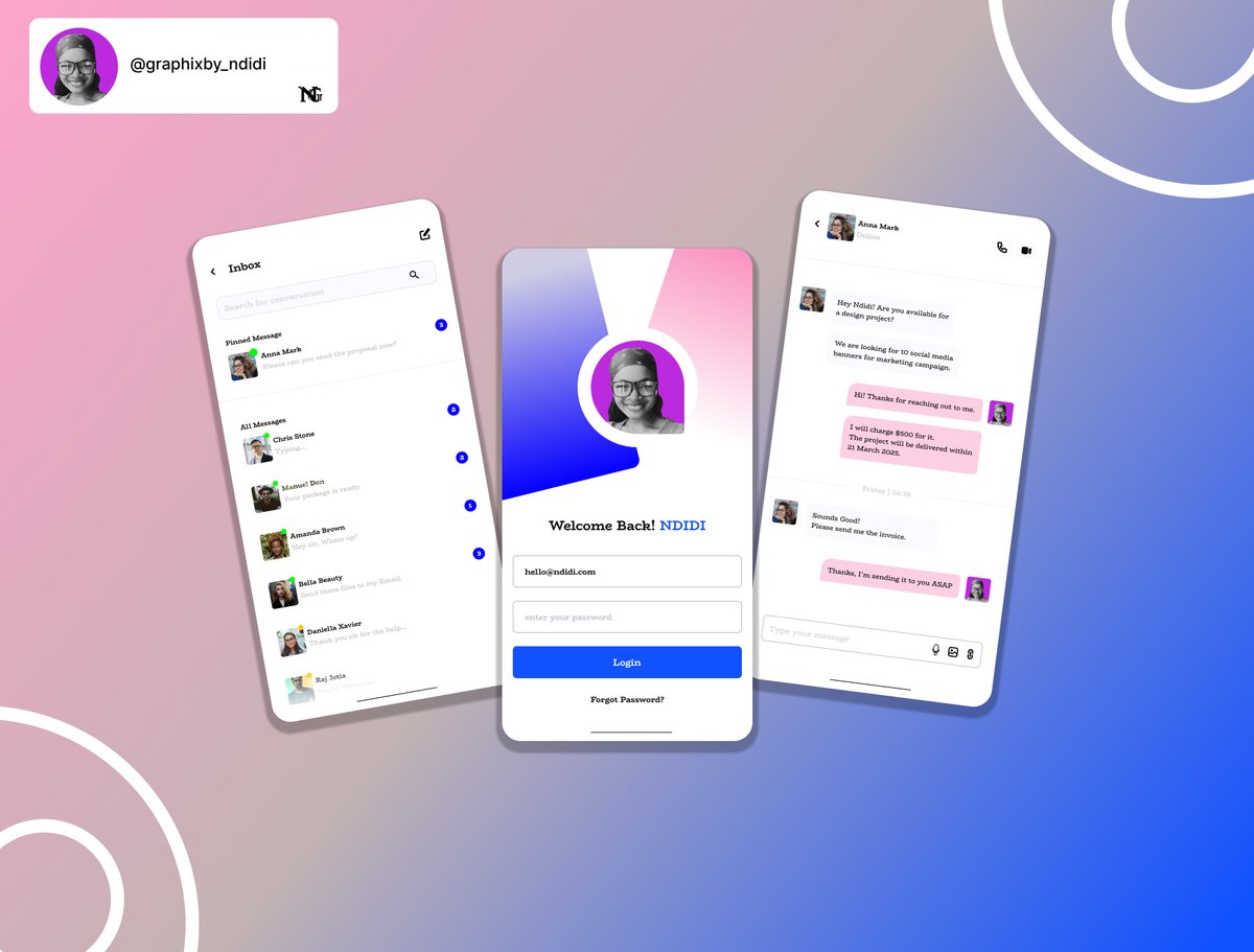 Auradesigner1's tweet photo. Day 13
Direct Messaging App...

Thoughts?

#UIChallenge #Day13 #DirectMessagingApp #UIDesign #UXDesign #DailyUI #100DaysOfUI #DesignJourney #UserExperience #DesignChallenge https://t.co/C1NfAeZvBu