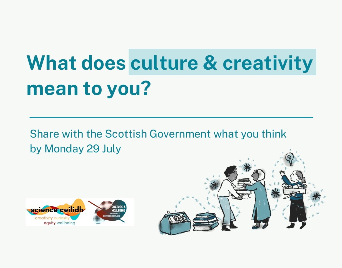 Science Ceilidh (@scienceceilidh) on Twitter photo What do culture and creativity mean to you? 🤔 Share your thoughts and feelings with <a href="/culturescotgov/">Scot Gov Culture</a> by Monday! Let them know how you define culture and creativity, how it makes you feel & why it’s important to you. Your input matters!
consult.gov.scot/culture-touris…
#CultureDemocracy What do culture and creativity mean to you? 🤔 Share your thoughts and feelings with <a href="/culturescotgov/">Scot Gov Culture</a> by Monday! Let them know how you define culture and creativity, how it makes you feel & why it’s important to you. Your input matters!
consult.gov.scot/culture-touris…
#CultureDemocracy