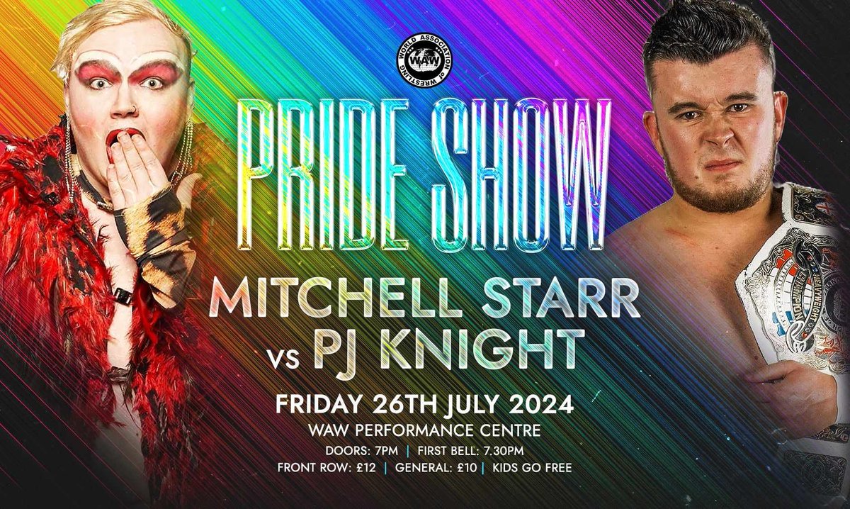 WAW_UK's tweet photo. Tonight we celebrate Pride as part of the #NorwichPride weekend!

👑 @BradSlayer vs. @AdamBolt_ 
🦄 @RKJ450 vs. @JasonJoshuapro
🌈 Mitchell Starr vs. @PJKnight18
🐾 @ClarenceSassy vs. Tate Sibley

plus a special Drag Rumble &amp; more amazing matches! https://t.co/L3YatBI5nI