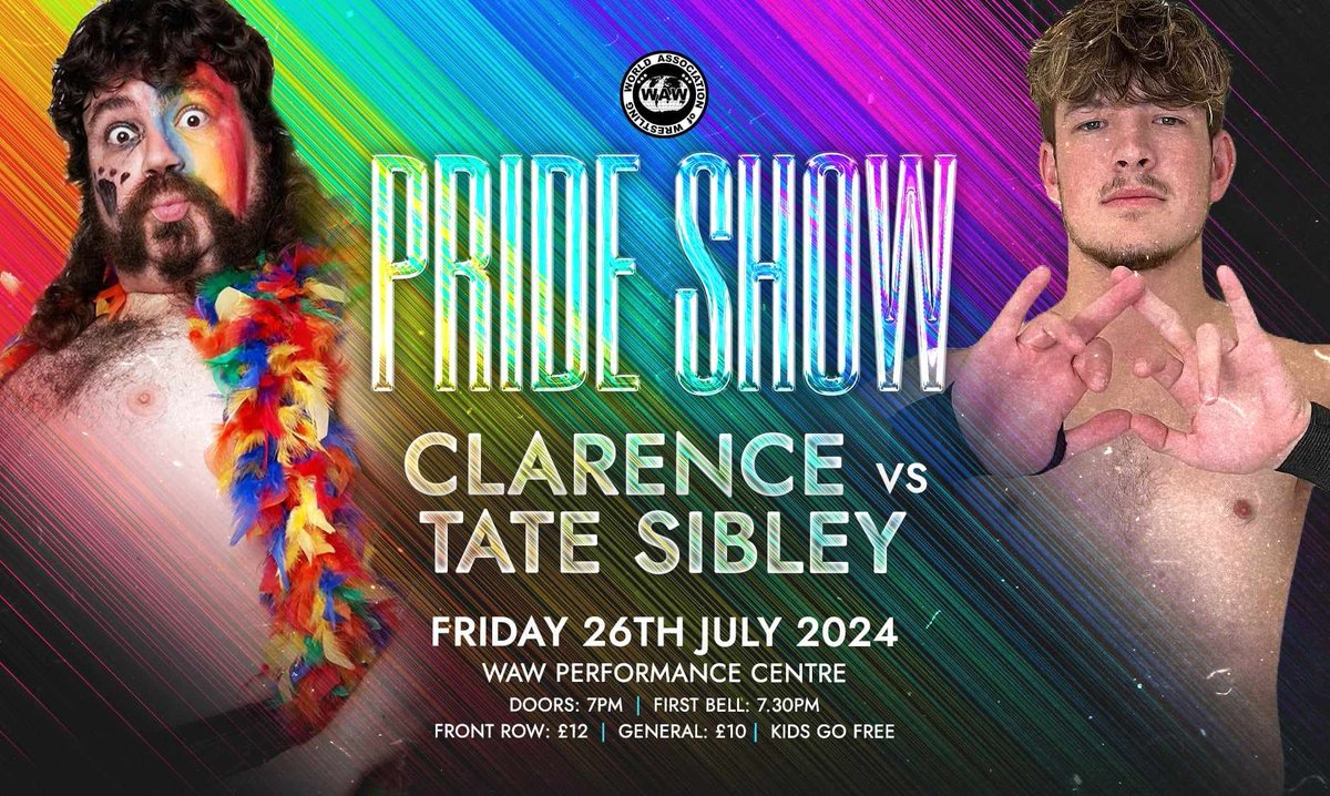 Tonight we celebrate Pride as part of the #NorwichPride weekend!

👑 <a href="/BradSlayer/">Brad Slayer</a> vs. <a href="/AdamBolt_/">Adam Bolt</a> 
🦄 <a href="/RKJ450/">RKJ リッキー・ナイト</a> vs. <a href="/JasonJoshuapro/">🦄 Jason Joshua🦄</a>
🌈 Mitchell Starr vs. <a href="/PJKnight18/">PJK</a>
🐾 <a href="/ClarenceSassy/">𝓢𝓪𝓼𝓼𝔂 𝓑𝓮𝓪𝓻 𝓒𝓵𝓪𝓻𝓮𝓷𝓬𝓮</a> vs. Tate Sibley

plus a special Drag Rumble &amp; more amazing matches!