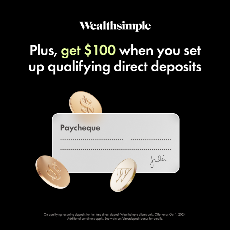 Wealthsimple's tweet photo. Switch to Wealthsimple Cash, set up your first direct deposit of $2,000/month, get a $100 bonus. T&amp;Cs apply.