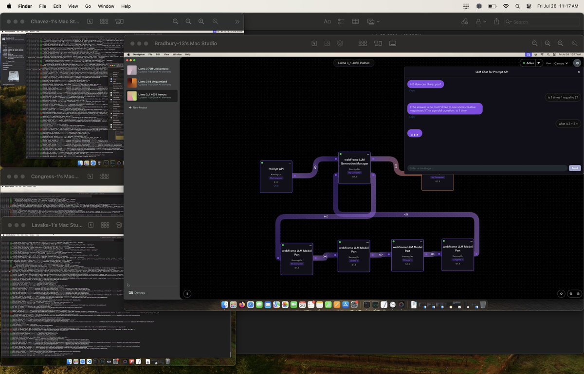 JoelDennison4's tweet photo. Working on some awesome stuff with @thewebAI. We've been working hard to bring large LLM models to local distributed environments through our own framework, webFrame. Last night we got Llama 3.1 405B Instruct running on a cluster of 4 Mac Studios. Parsing direct to MLX from HF. https://t.co/WKu4QMkR2K