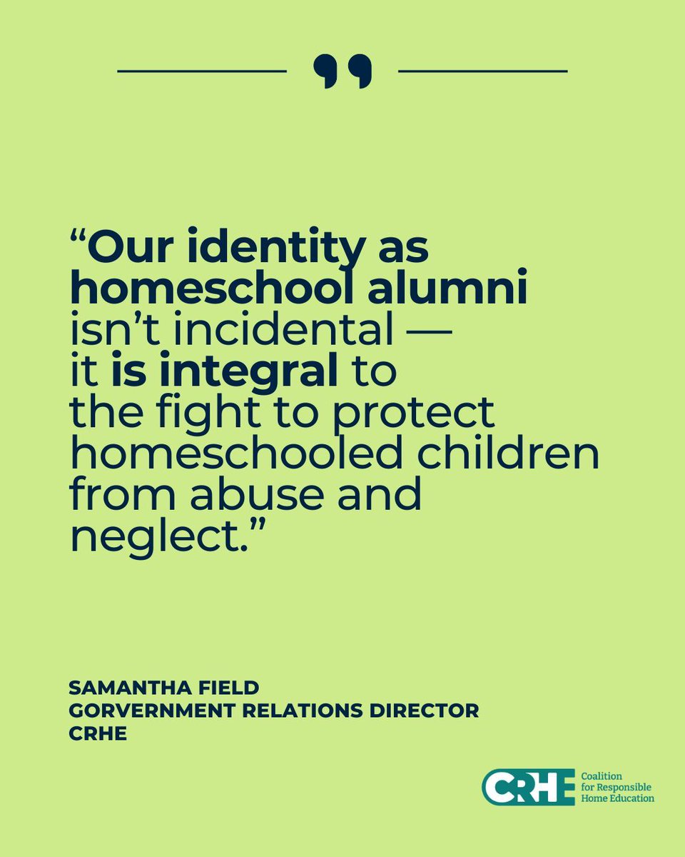 Our government relations director Samantha Field is right: The lived experience of homeschooled people must be built into any legislation that impacts us. 

Hear more from her on this subject: makehomeschoolsafeact.org