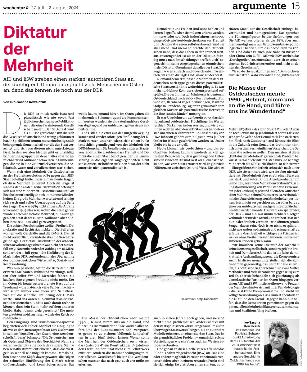 Diktatur der Mehrheit. AfD und BSW streben einen starken, autoritären Staat an, der durchgreift. Genau das spricht viele Menschen im Osten an Ein Essay in der neuen  <a href="/tazgezwitscher/">taz</a> <a href="/wochentaz/">wochentaz</a> taz.de/Archiv-Suche/!…