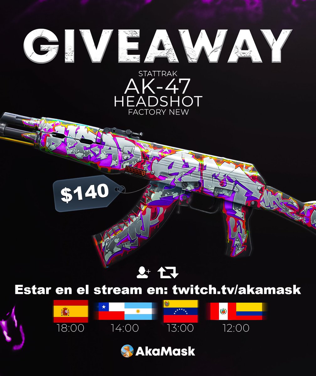 Aka_Maskk's tweet photo. 🎁SORTEO AK-47 HEAD SHOT ST FN

💰+$140

Requisitos:
✅Follow & RT
✅Estar en el directo MAÑANA SÁBADO twtv / akamask

GL❤️