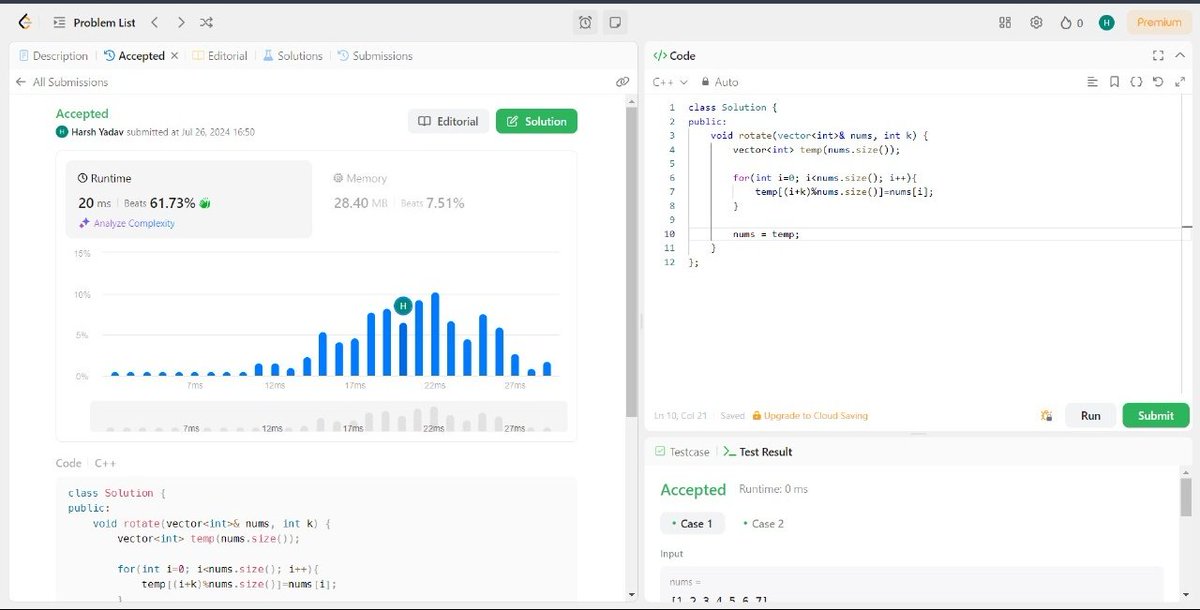 Harsh__Rao7's tweet image. DSA Day 15:-

1️⃣ Completed 3 questions on Arrays
1.Rotate Array on @LeetCode 
2.check if array is sorted or rotated @LeetCode 
3.snof two arrays @CodingNinjasOff 

✅Done for day15:-

#Coding  #100dayofcodechallenge
#CodingChallenge #datastructures
