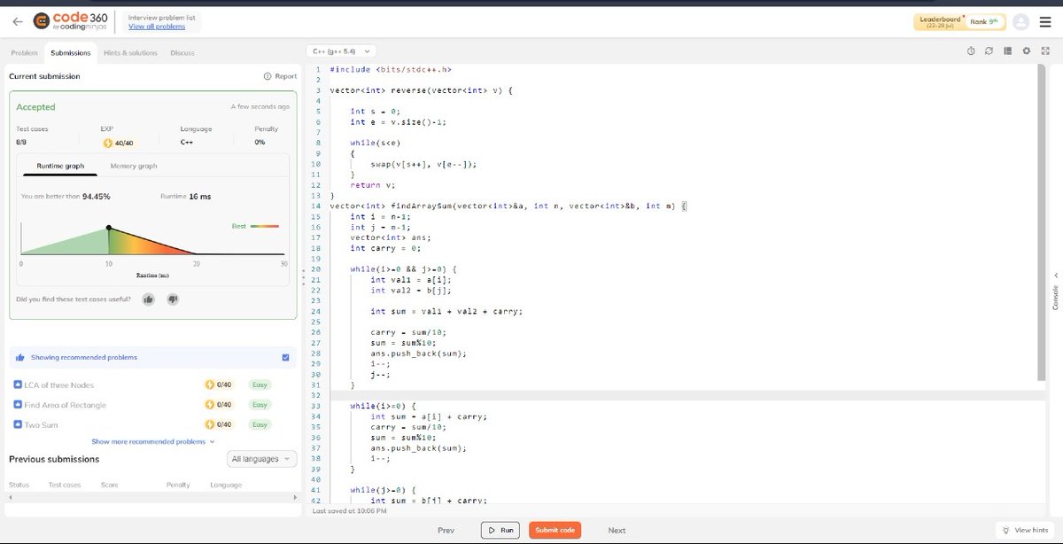 Harsh__Rao7's tweet image. DSA Day 15:-

1️⃣ Completed 3 questions on Arrays
1.Rotate Array on @LeetCode 
2.check if array is sorted or rotated @LeetCode 
3.snof two arrays @CodingNinjasOff 

✅Done for day15:-

#Coding  #100dayofcodechallenge
#CodingChallenge #datastructures