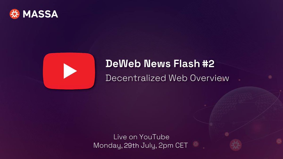 massachain's tweet photo. 🌐 The Decentralized Web is Coming!

The second livestream from the “DeWeb News Flash” series is coming next week with more updates!

Join us on our second community call next Monday, July 29th, at 2pm CET, to dive into Massa’s DeWeb vision, details, roadmap and how YOU can be a part of this project 🚀

In the meantime, check out https://t.co/wZWcyZc2ym

See you soon 👀

https://t.co/EAkP61nTeH