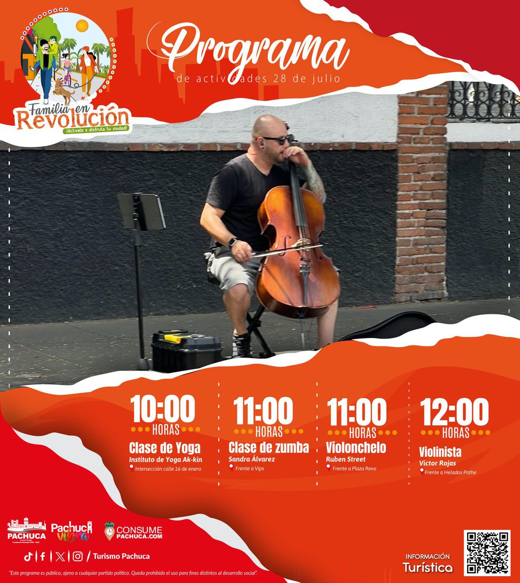 #FamiliaEnRevolución 👨👩👦👦 te invita a todas las actividades tiene para ti 🤓.
Aquí te presentamos las actividades que tendremos este domingo disfruta de estos momentos divertidos con tu familia 👨👩👦👦 y amigos te esperamos #FamiliaEnRevolución 🎻 🎤

#PachucaVibra