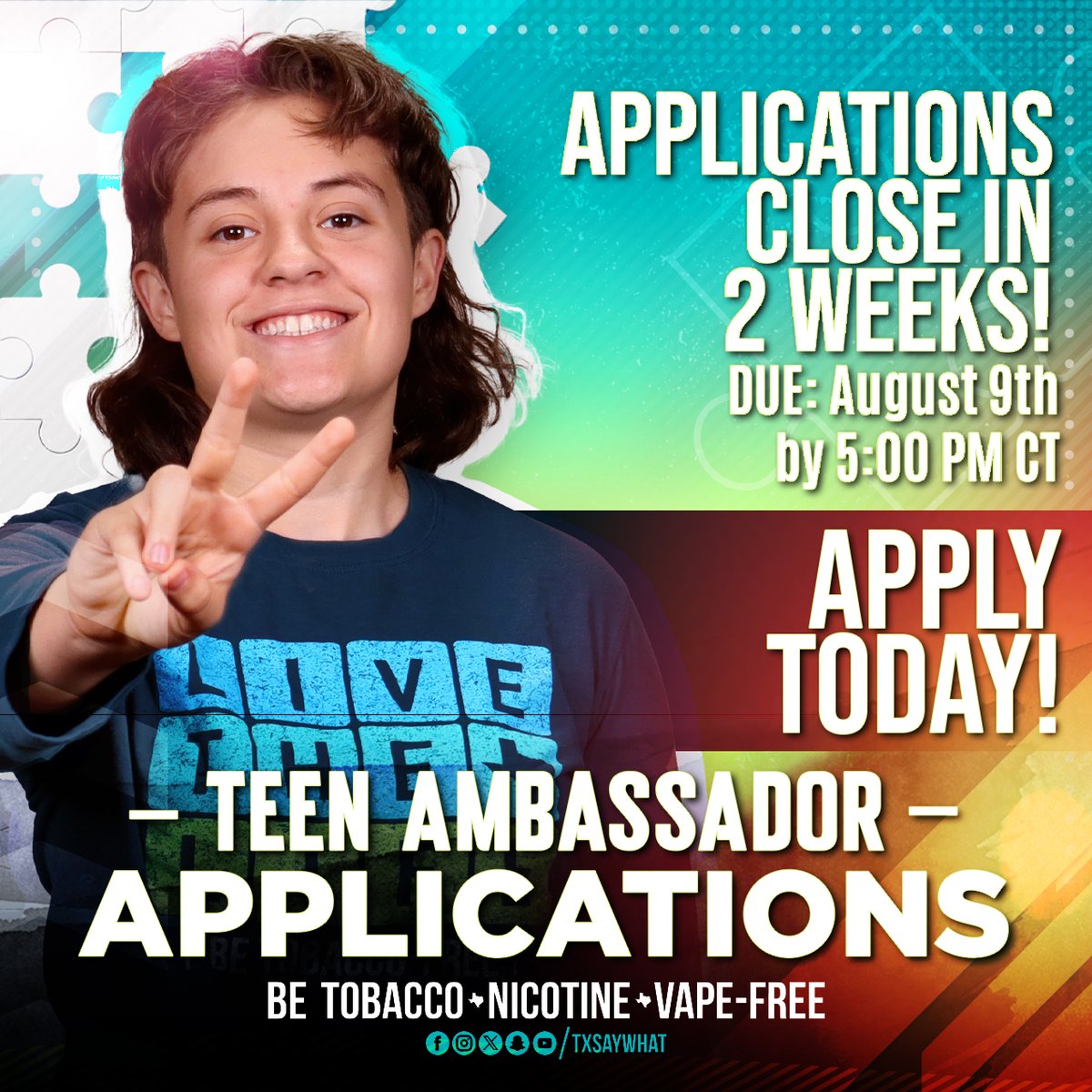 TxSayWhat's tweet photo. Are you an incoming 9th through 11th grade student looking to make a change for your community & state? We want you! Apply today to become a Say What! Teen Ambassador! Applications are due August 9th by 5:00 PM CT! Link to the application is in our bio! #ConnectTX #TALife https://t.co/ARkg6dEZPt