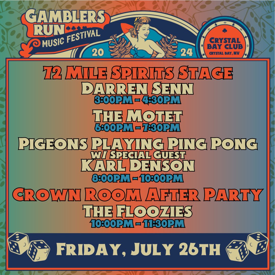 CrystalBayClub's tweet photo. The first OFFICIAL day of Gambler's Run Music Festival has ARRIVED! Check out the daily lineup for today! Festival grounds will be open from 2pm - 11pm so make sure you have your tickets, so you don't miss out!
https://t.co/ijhyAt0dys
#CrystalBayClubCasino #GRMF https://t.co/bYnNwhmGB3