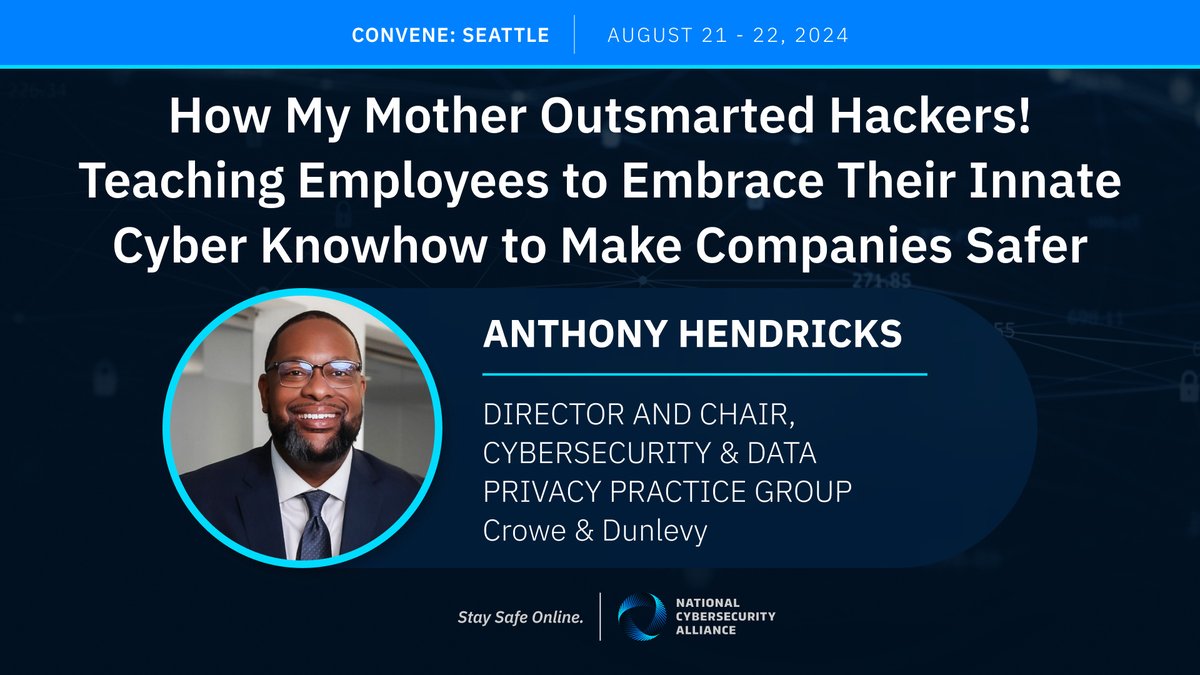 StaySafeOnline's tweet photo. 🎖️Security attorney Anthony Hendricks of @Crowe_Dunlevy is really proud of his mom!
🎤Join us to hear why at Convene in Seattle from August 21-22. #StaySafeOnline #CyberEvents #ConveneSeattle https://t.co/nyC7jL2YOe https://t.co/ON6eceReBC