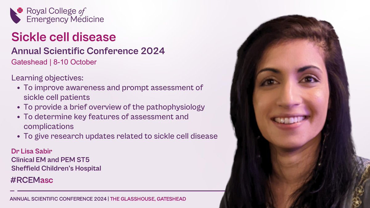Royal College of Emergency Medicine (@rcollem) on Twitter photo #SickleCellDisease is on the programme this year at #RCEMasc, 8-10 October, Gateshead
@lisasabz from <a href="/SheffChildrens/">Sheffield Children's</a> will present alongside <a href="/roshanthazhamon/">roshanac</a> from <a href="/STH_AHPs/">AHPs Sheffield Teaching Hospitals NHS FT</a>
Book your place here ➡️ tinyurl.com/RCEMEventasc24 #SickleCellDisease is on the programme this year at #RCEMasc, 8-10 October, Gateshead
@lisasabz from <a href="/SheffChildrens/">Sheffield Children's</a> will present alongside <a href="/roshanthazhamon/">roshanac</a> from <a href="/STH_AHPs/">AHPs Sheffield Teaching Hospitals NHS FT</a>
Book your place here ➡️ tinyurl.com/RCEMEventasc24