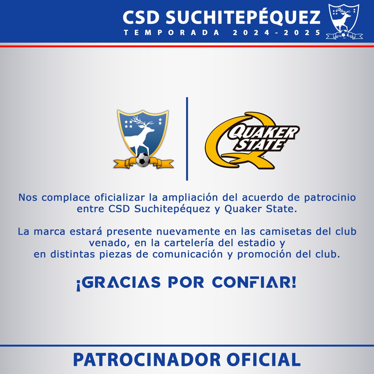 csdsuchi's tweet photo. 🤝 | 𝗣𝗮𝘁𝗿𝗼𝗰𝗶𝗻𝗮𝗱𝗼𝗿 𝗢𝗳𝗶𝗰𝗶𝗮𝗹
Quaker State ha renovado su apoyo para la temporada 2024-2025 https://t.co/iPgS37ydju