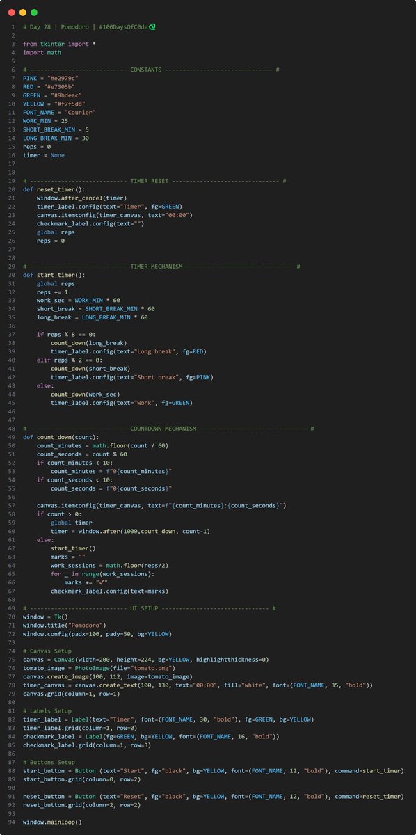 SKPython3's tweet photo. Day 28 out of #100DaysOfCode!

Yesterday (I forgot to tweet!) I made a Pomodoro timer App!

I’ve never tried the pomodoro technique, I guess I’ll have to try it now!

Here’s my app &amp; code! https://t.co/Ag5qAX40Gv