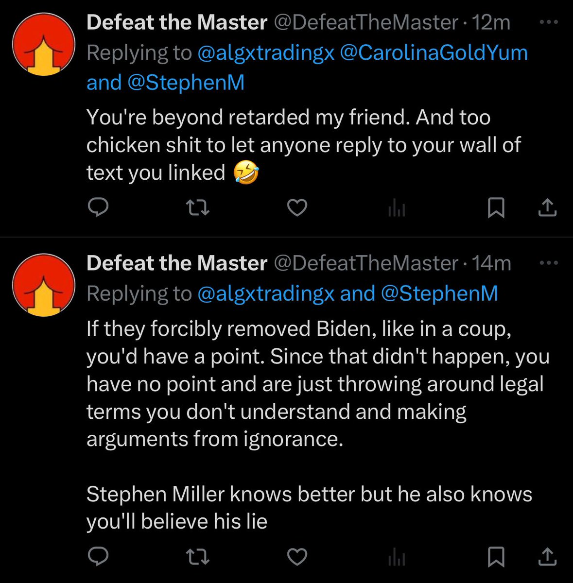 algxtradingx's tweet image. The mind of someone with an IQ below 75. This is the average response to 18 USC 241 with the Haddle provision. Most humans have no concept of self, and they have no concept of cognition. They are literally just walking breathing meat bags. They are very dangerous. I would stay…