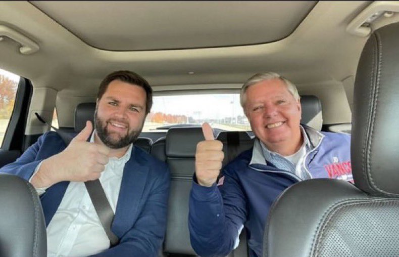 ChefBong72's tweet photo. J.D. Vance and Lindsay Graham out for a day of couch shopping...
Hey Vance! You do realize that Graham is single ,has never been married and has no children, BECAUSE HE IS MORE GAY THAN 8 DUDES BLOWING 9 DUDES! 
You know it as well as the rest of us, hypocrites! https://t.co/X7zJg6n0RR